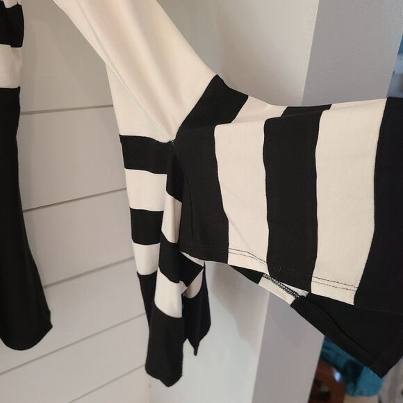 Boston Proper Black and White Striped Blouse With Bell Like Bottom Sleeves - Picture 2 of 5
